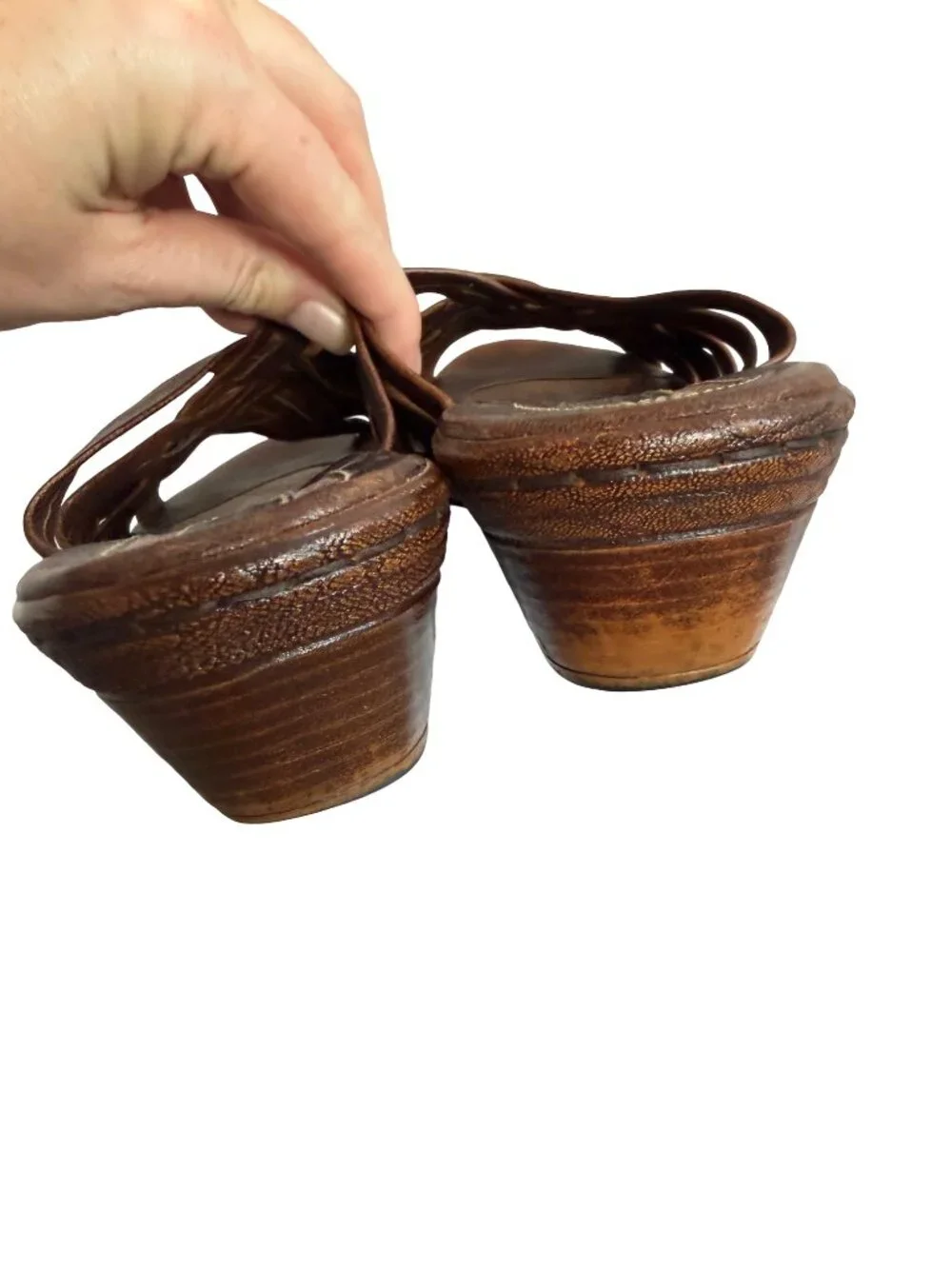 Born Brown Woven Leather Wedge Slide Sandals Open Toe Basketweave Size 7 Women's